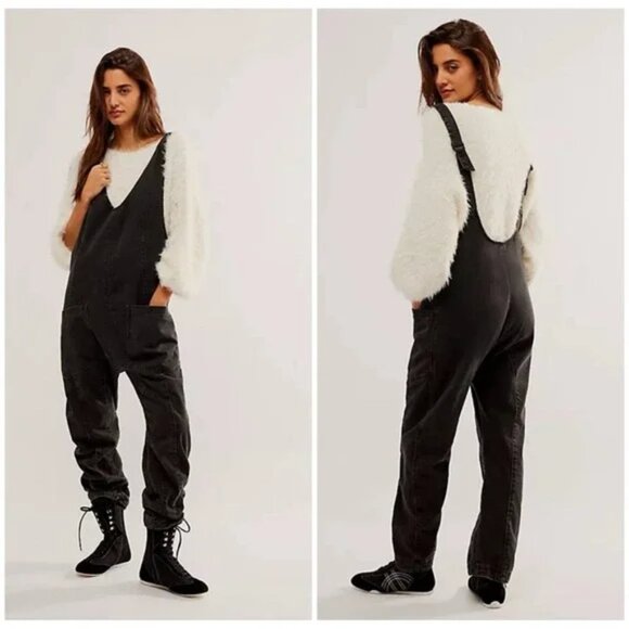 Free People We The Free High Roller Denim Jumpsuit Mineral Black Size Large - Picture 7 of 14
